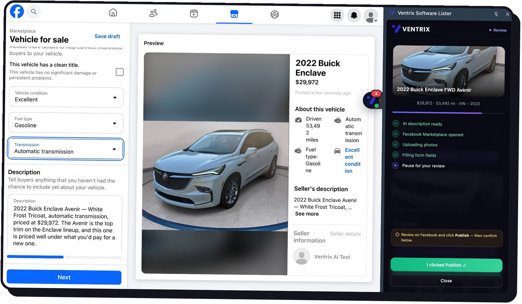 Ventrix auto-filling a Facebook Marketplace listing