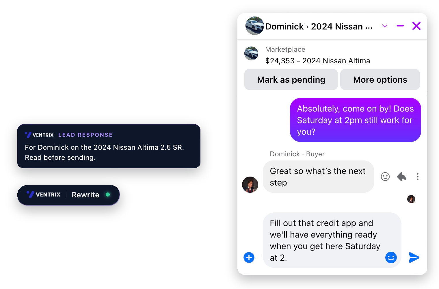 A buyer asks what the next step is and Ventrix has the reply written, waiting for the salesperson to read and send it